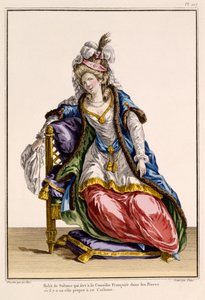 Kostyme til sultanens kone i La Comedie Francaise, trykk laget av Patus (håndfarget gravering) av French School