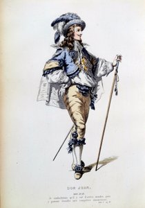 Kostyme for karakteren til Don Juan i scene 2 i akt I av det homonyme stykket av Jean Baptiste Poquelin dit Moliere (1622-1673). Gravering av Paris fra 1800-tallet, Comedie francaise av French School