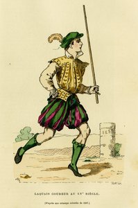 Kostyme til lakeiløper på 1400-tallet, siktet for å løpe foran vognen for å frigjøre veien og kunngjøre passasjen til en adelsmann eller herre. Fargegravering, i "France et les francais a travers les centuries"" av Augustin Challamel, F.Roy ed. av French School