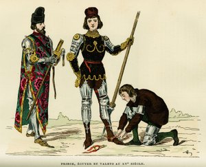 Kostymer til prinsen, av hans ecus og hans betjent, på 1400-tallet. Fargegravering, i «France et les francais a travers les centuries»» av Augustin Challamel, F.Roy-redaktør, Paris 1882. Selva-samlingen. av French School