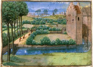 Cott Aug A V f.345v Flamsk landskap med en vannmølle i forgrunnen og en vindmølle i bakgrunnen, fra 