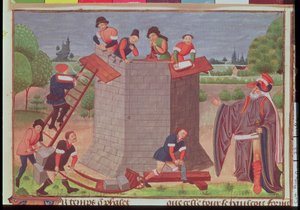Cott Aug V fol.22 Building the Tower of Babel, miniatyr fra 