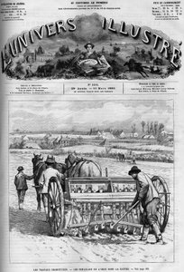 Landsarbeid: såing av bygg i Sarthe. En avis. Gravering i “” Le Monde Illustré””, 13. mars av French School