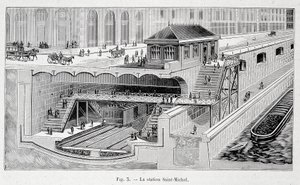 Seksjon av St Michel metrostasjon i Paris i ""La nature"" 1899 av French School