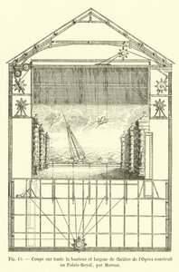 Seksjon over hele høyden og bredden av operaen bygget ved Palais-Royal, av Moreau av French School