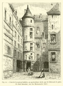 Gårdsplassen til huset bebodd, i det fjortende århundre, av produsenten av menneskekjøttpasta, rue des Marmousets, 1850 av French School