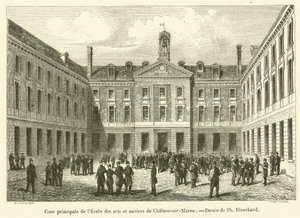Hovedgårdsplassen til School of Arts and Crafts i Chalons-sur-Marne (gravering) av French School