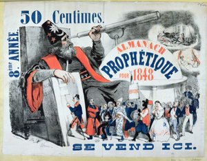 Omslag til en profetisk almanakk som viser Nostradamus (1503-66) 1848 av French School