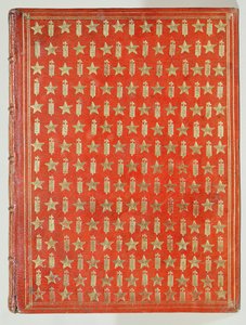 Omslag til en bok eid av kardinal Mazarin, med etterbehandlingen som viser kardinalenes emblemer av stjerner og faser, 1644 (lær og forgylling) av French School