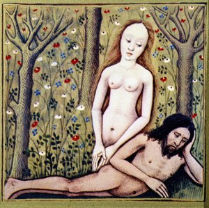 Skapelsen av Adams lår Eva - etter «Des dames de renom» av Boccace, kromo. av French School