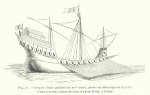 Skisse av en bysse fra 1500-tallet, temperamaleri på døren til et skap, bevart i Doria-palasset, i Genova (gravering) av French School