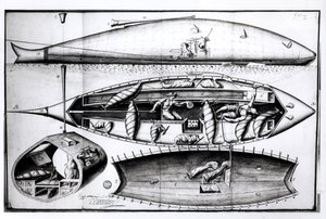 Tverrsnitt av en ubåt, fra et manuskript, mars 1689 av French School