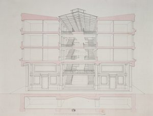 Tverrsnitt av et hus i Napoleon boligutvikling, 58 rue Rochechouart, Paris, 1849 av French School
