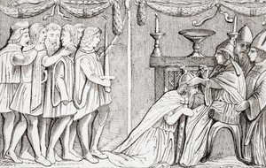 Kroning av Sigismund som den hellige romerske keiser av pave Eugene IV i 1433, fra L"Histoire Universelle Ancienne et Moderne, utgitt i Strasbourg ca. 1860 av French School
