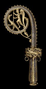 Crozier-hode som viser St. Michael Vanquishing the Dragon, Limoges, ca. 1220-30 (kobber, champleve, emalje og forgylt)