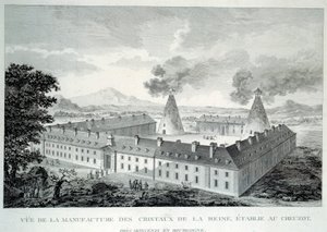 Krystallverk av dronning Marie Antoinette på Creusot nær Moncenis i Burgund. Gravering fra 1787. Le Creusot, Ecomusee av French School
