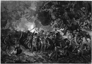 Custom of New Caledonia: Pilou pilou (Pilou-pilou), tradisjonell Kanak-dans. Gravering i "" Le Monde Illustré "" nr. 772 av 27. januar 1872. av French School