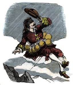 Cyrano de Bergerac reiser seg på himmelen takket være hetteglass med rosee og reise til månen, illustrasjon av romanen av Hercules Savinien Cyrano de Bergerac (1619-1655): "" Den andre verden" av French School
