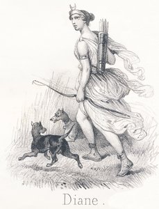 D Diana: Tvillingsøster til Apollo I himmelen, hun var Phebe eller Månen, hadde i oppgave å lyse opp jorden I helvete, hun var Hecate og presiderte over sjelenes dommer. På jorden var hun Diana, jaktens gudinne av French School