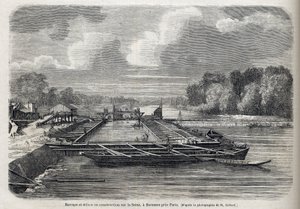 Demningen brøt ut på Seinen i SURESNES i 1866 - Gravering - Le Monde Illustré 1866 av French School