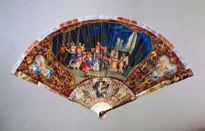 Skadet håndvifte i Vernis Martin-stil som viser Wedding of Nobility, svaneskinn med malt elfenbensbeskytterstokk, høyde 20,5 cm av French School