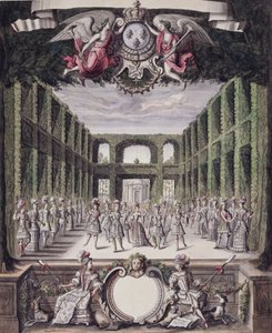 Dans i en formell hage, fra en samling med tittelen Les Menus Plaisirs du Roi (penn og blekk og wc på papir) av French School