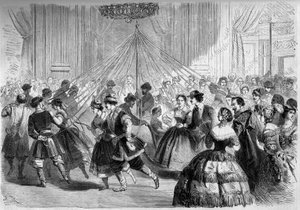 Dance: the skater grid. The dancers hold a ribbon whose end is attached to a May plant in the middle of a circle. Scene at the ball given by Count Walewski in 1861. Engraving in “” Le Monde Illustré”” n°202 of 23 February 1861. av French School