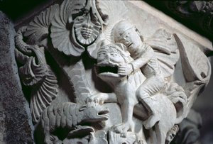 David Slaying the Lion (detail of a capital) c.1130 (stone) av French School