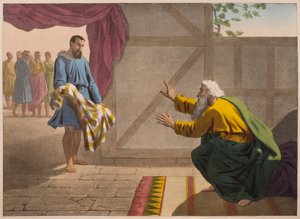 David viser Saul et stykke av klærne hans, illustrasjon fra en katekisme 