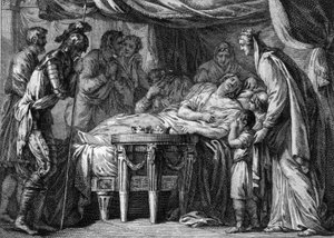Død av Childebert II (570-596), konge av Neustria, Orleans og Burgund, som et resultat av forgiftning. 596. Gravering av 1700-tallet. av French School