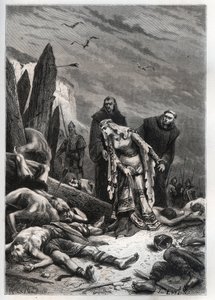 Kong Harold IIs (1022-1066) død i slaget ved Hastings i 1066 - Edith Swannesha (Swanneck), kjent som Edith la Juste (1025-1086) oppdager liket av mannen sin - Ealdgyth (Edith the Fair eller Edith Swanneschal) , oppdager liket til Harold Godwi av French School