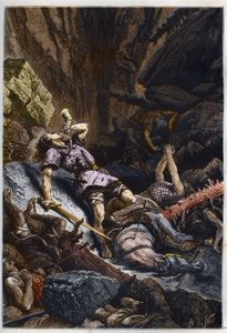 Død av Ridder Roland, nevø av Charlemagne, i slaget ved Roncevaux (778) mot Armee of Charlemagne og Saracens - Rolands død i slaget ved Roncesvaux Pass, 778 - gravering fra "" L