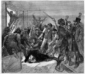 Decazeville (Aveyron) gruvearbeidere streiket i 1886: ingeniør Watrin ble myrdet av grevistene. Gravering i "" Le Monde Illustré", 6. februar 1886. av French School