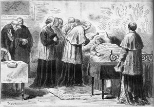 Deces of Pave Pius IX (Pio) (1792-1878): ritual for anerkjennelse av pavens død. En kardinal slår den avdødes panne med en sølvhammer. Gravering i "" Le Monde Illustré"" nr. 1089 av 16. februar 1878. av French School