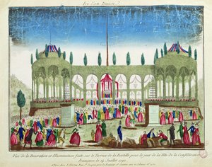 Dekorasjon og belysning av Bastillen for forbundsfestivalen, 14. juli 1790 av French School