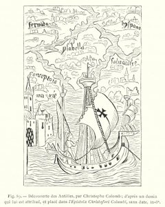 Discovery of the West Indies, av Christopher Columbus; etter en tegning tilskrevet ham, og plassert i Epistola Christofori Columbi, udatert, in-8o (gravering) av French School