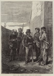 Defense of Paris, frivillige som vokter en plakat av den befestede enceinte (gravering) av French School