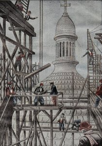 Demonstrasjon av stillas som avduker slutten på konstruksjonen av kuppelen til basilikaen i Montmartre. Gravering i "" Le Pelerin"" 17/12/1899. av French School