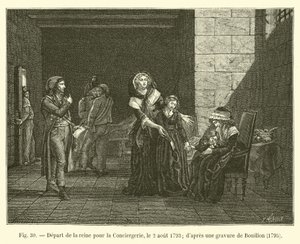 Dronningens avgang til conciergeriet, 2. august 1793; etter en gravering av Bouillon, 1795 av French School