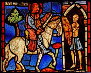 Viser St. Martin som deler kappen sin (eks Varennes-Jarcy - opprinnelig fra Abbey de Gercy?) av French School
