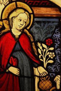 Viser en detalj av Jomfru Maria ved kunngjøringen, opprinnelig fra Øvre Rhinen (farget glass) av French School