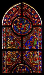 Viser en del av et vindu fra kirken Varennes-Jarcy (opprinnelig fra Abbey de Gercy?); scener inkluderer kunngjøringen til hyrdene, synagogen og musikerengler (farget glass av French School