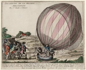 Nedstigning av Aerostatic Machine of Srs. Charles og Robert, pub. 1783 (håndfarget gravering) av French School
