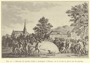 Nedstigning av den første hydrogenballongen til Gonesse, hvor den blir revet i stykker av bøndene (gravering) av French School