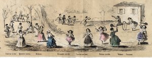 Beskrivelse av barnas hobbyer og leker: jentelek, fire hjørnespill, hoppetau, løping etter mål, bøyle og ratt. Tallerken “” les jeux de l