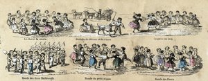 Beskrivelse av barns fritid og spill: rundene. Plate “” barndomsleker”” i “” instructive Recreations”” Synoptisk maleri av Jules DELBRUCK, gravering fra 1860. Privat samling. av French School