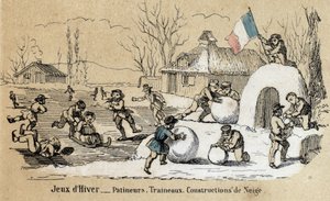 Beskrivelse av barns fritid og lek: vinterleker, skøyter, aking og snøbygging. Plate “” les jeux de l'enfance”” i “” les Recreations instructives”” Synoptisk maleri av Jules DELBRUCK, gravering fra 1860. Privat samling. av French School