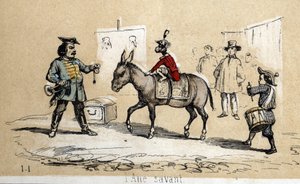 Beskrivelse av ulike produkter og bruk av esel: det lærde eselet brukes av sirkusartister. Plate "" Eselet og dets produkter"" i "" Les Recreations instructives"" Synoptisk maleri av Jules DELBRUCK, gravering fra 1860. Privat samling. av French School