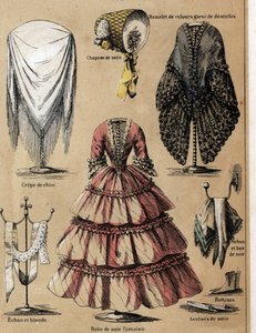 Description of the culture and silk products: a lime in crepe de chine, a velvet coat with lace, silk sleeves and a fancy dress. Plate “” la soie”” in “” les Recreations instructives”” Synoptique painting by Jules DELBRUCK, engraving from 1860. Private col av French School