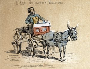 Beschreibung der verschiedenen Produkte und Verwendungen des Esels: das Tier begleitet den reisenden Musiker (Detail). Tafel „Der Esel und seine Produkte“ in „Die lehrreichen Erholungen“ Synoptisches Gemälde von Jules Delbruck, Gravur von 1860. Private Sam von French School